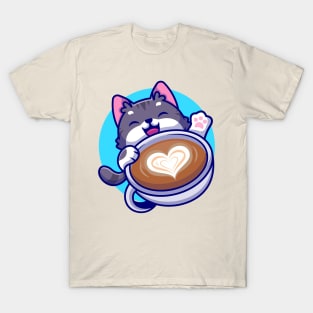 Cute Cat With Coffee Cup Cartoon T-Shirt